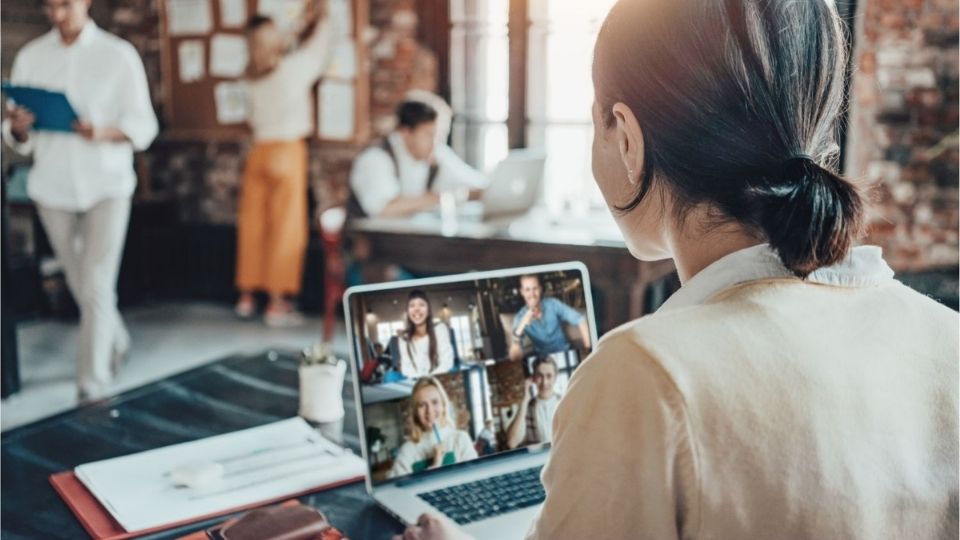 Employee in an office on a video call