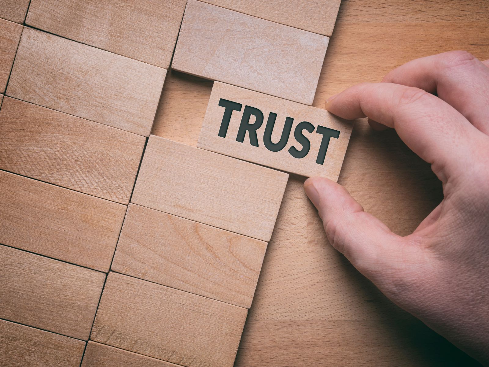 Sliding in a wooden block with word trust written on it