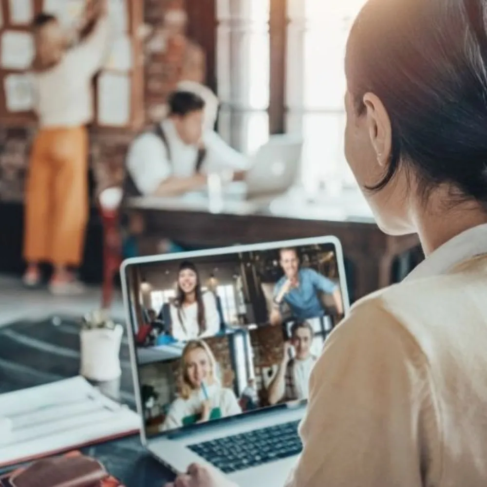 Employee in an office on a video call