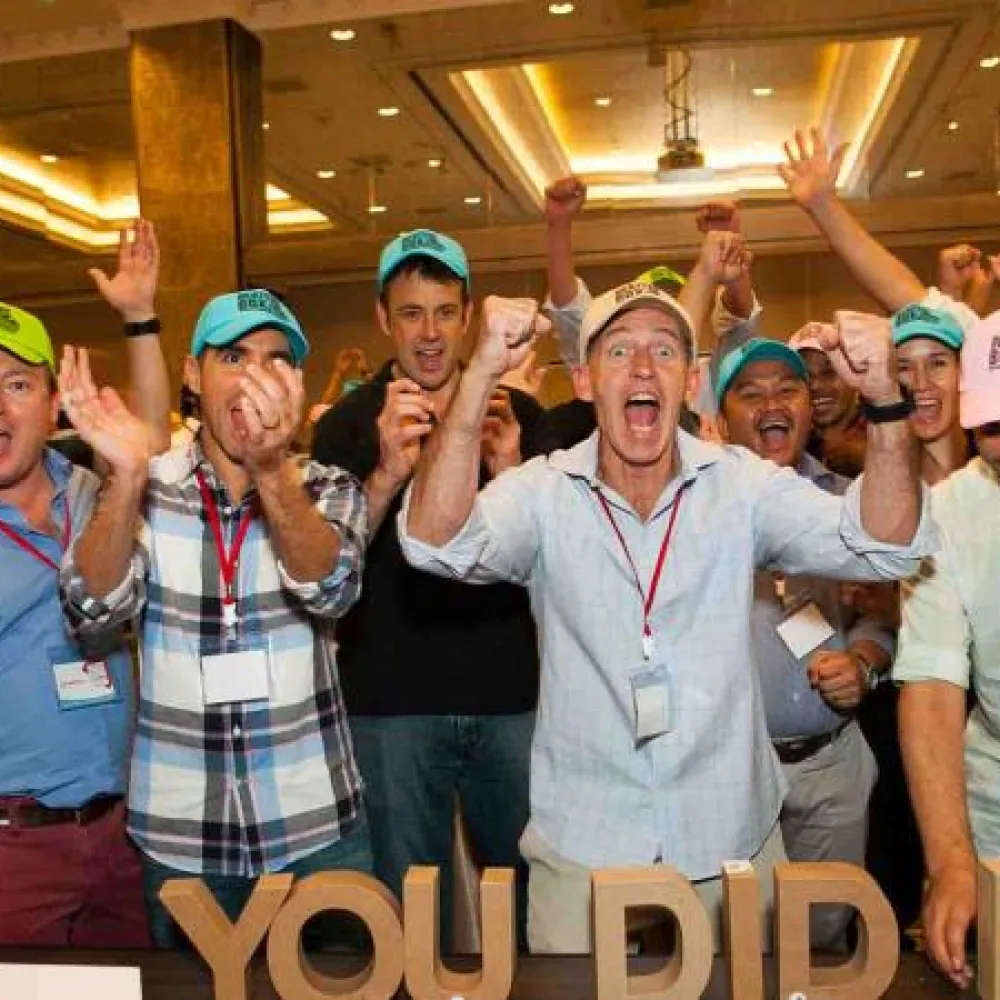 People celebrating after finishing team building program Beat the box
