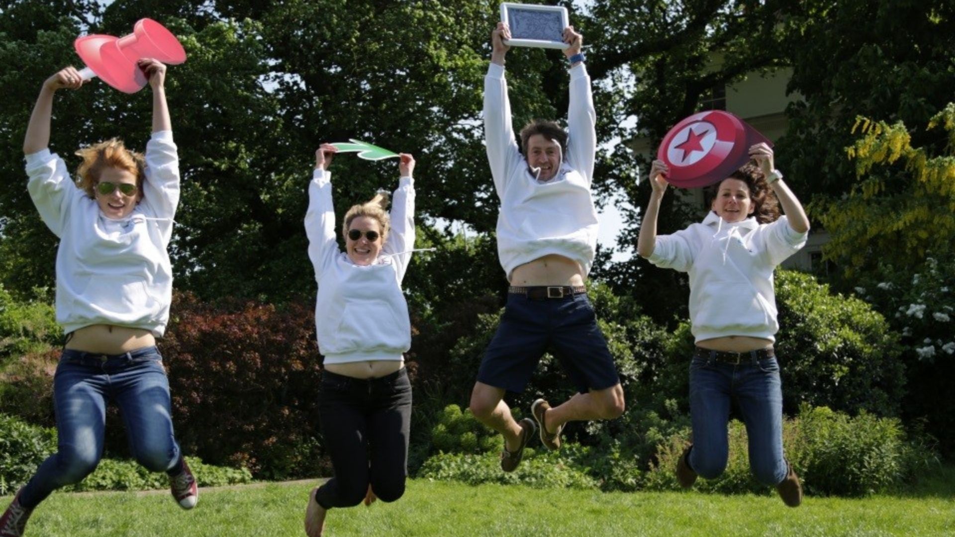 go team participants jumping